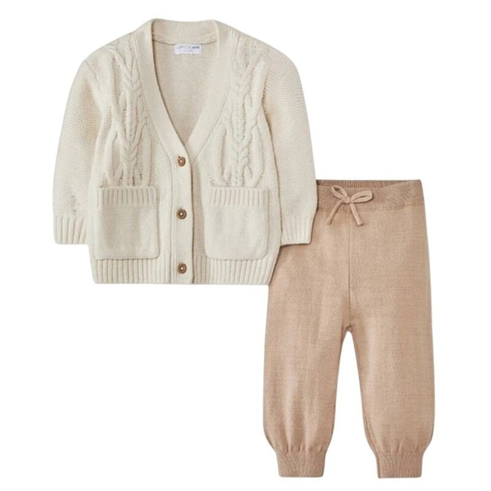 6-9 Month Mini Baby Cable Top & Bottom Off-White Infant Outfit-Grayson
